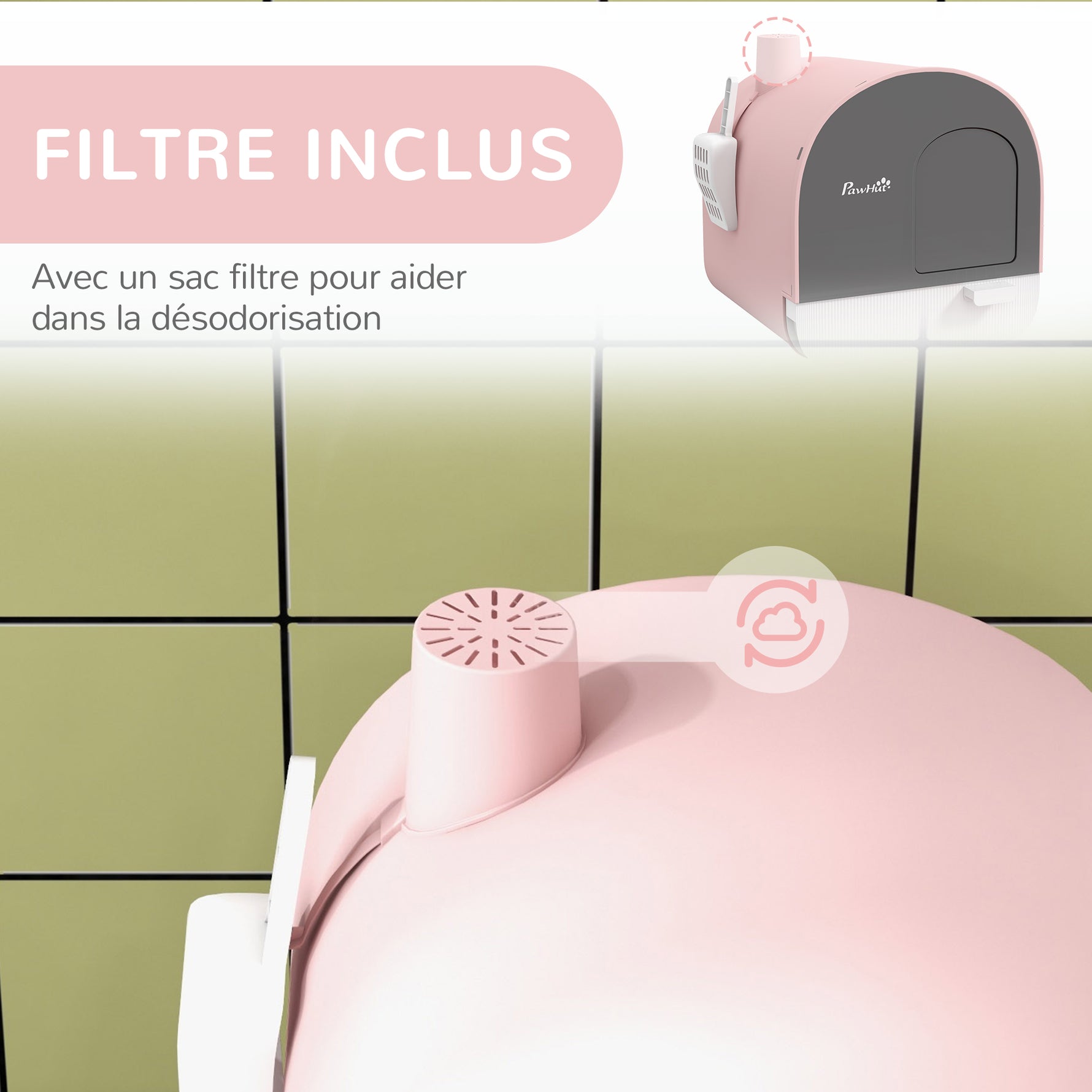 Bac à litière pour chat avec porte battante pelle et filtre inclus dim. 43L x 44l x 47H cm rose