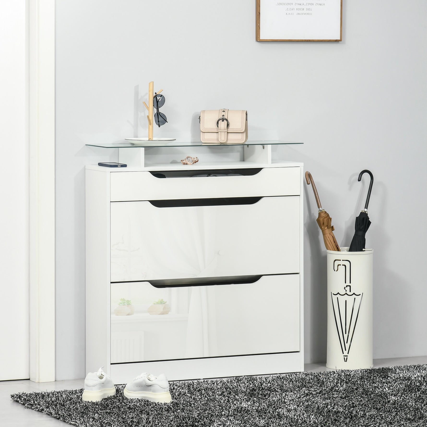 Armoire à Chaussures avec 2 Tiroirs Rabattables + 1 Tiroir Coulissant + 1 Comptoir et 1 Plateau en Verre blanc