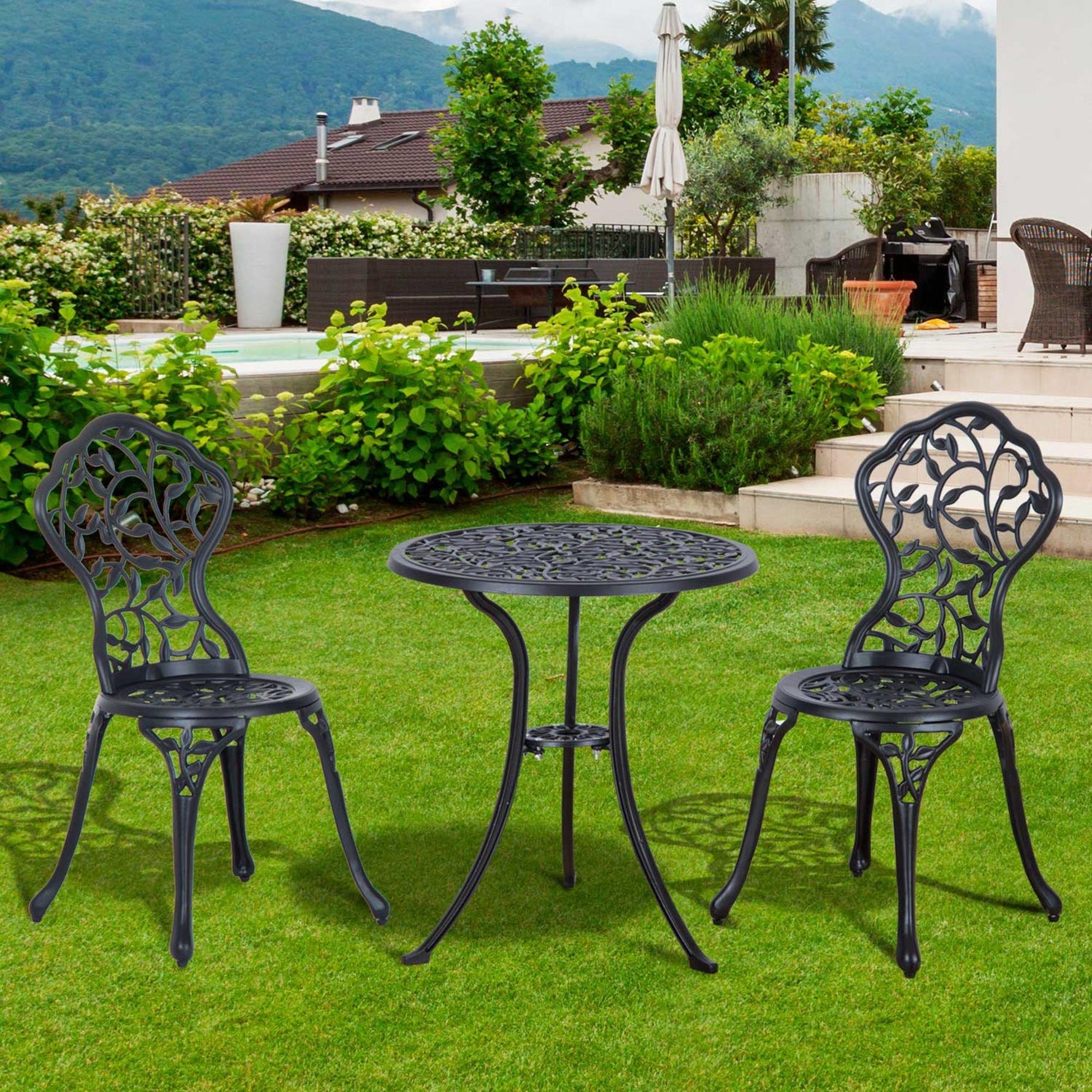 Ensemble de bistrot 3 pièces avec 2 chaises et 1 table ronde style antique, pour jardin, terrasse, balcon, noir