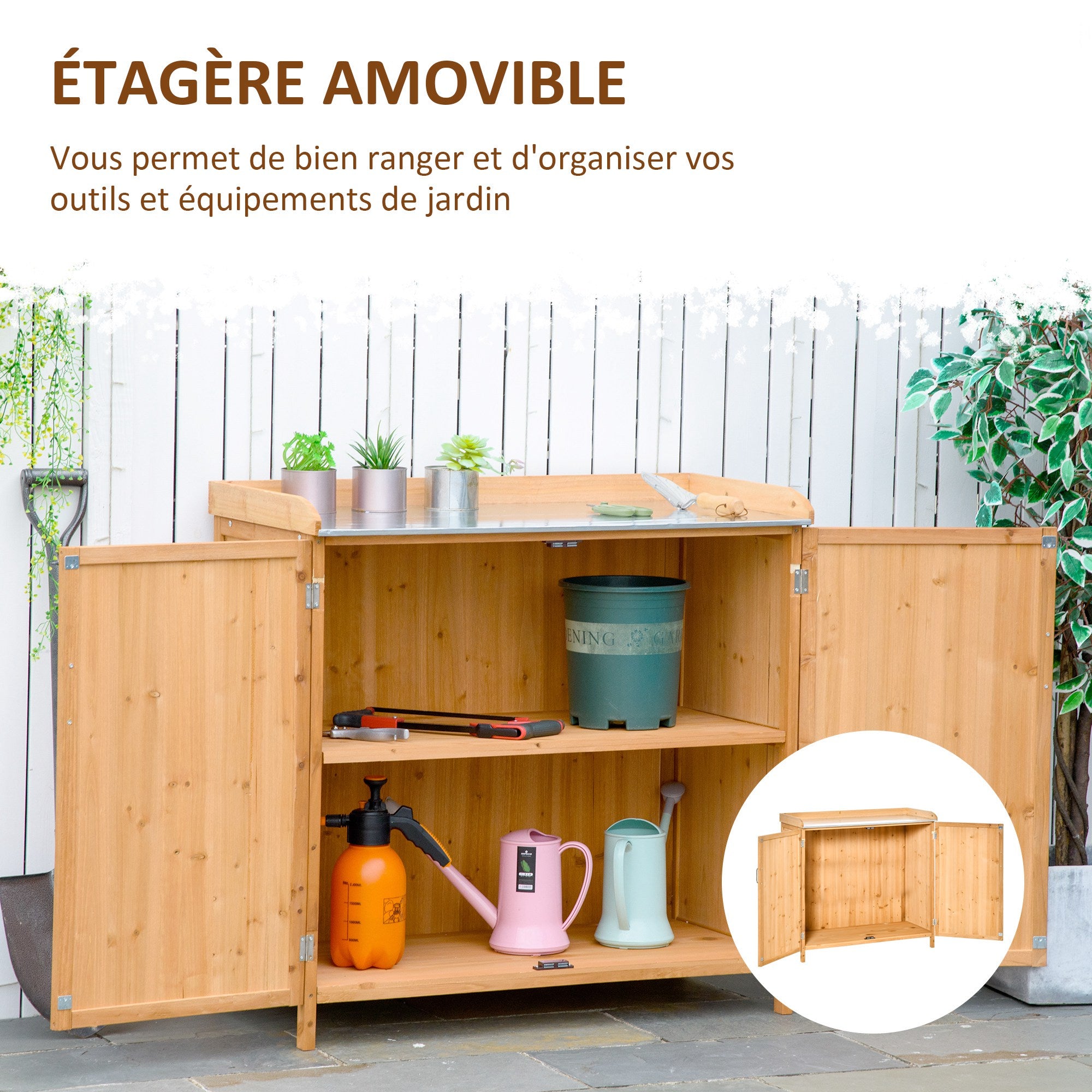 2-in-1 garden cabinet and potting table - gardening bench with double doors, shelf, and metal tabletop