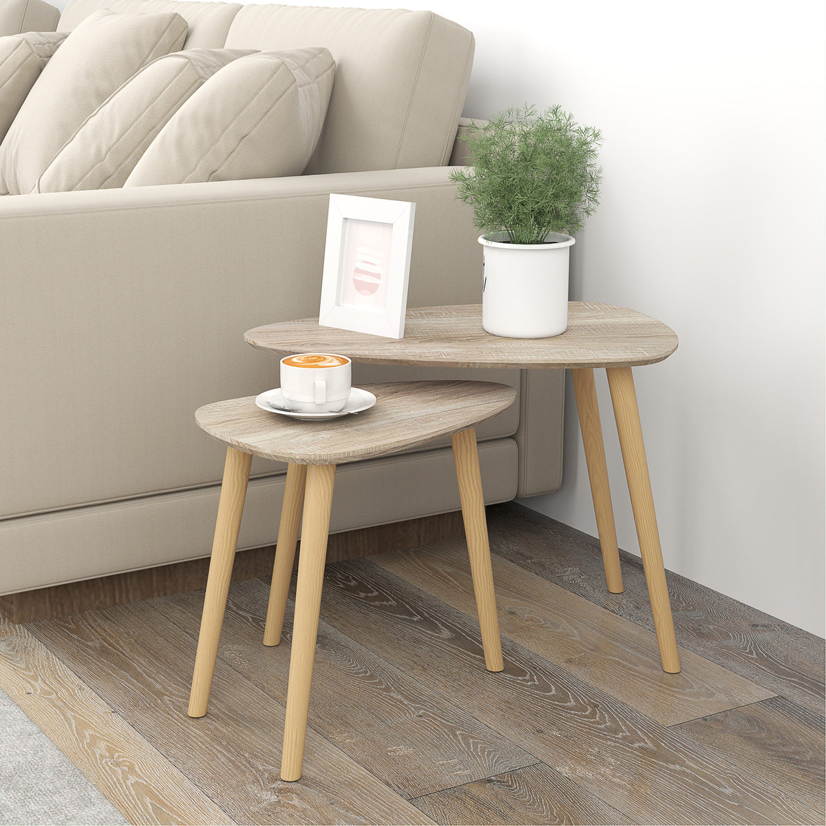 Set van 2 design salontafels, Scandinavische stijl, houten poten en houten blad, natuurlijke uitstraling