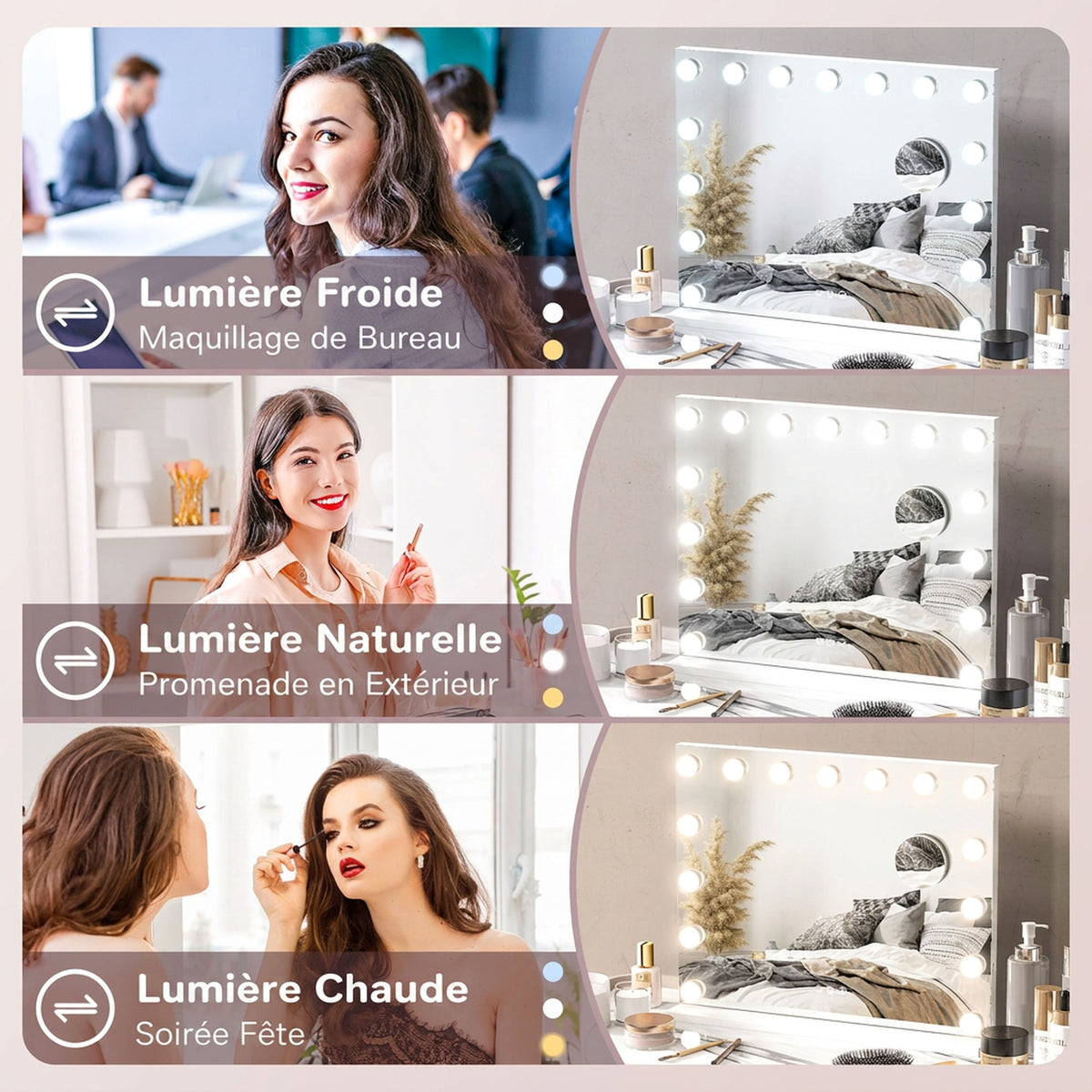 Miroir Maquillage Hollywood 58 x 48 cm, Miroir Coiffeuse LED, 15 Ampoules, 3 Modes d'Éclairage, Port USB de Charge