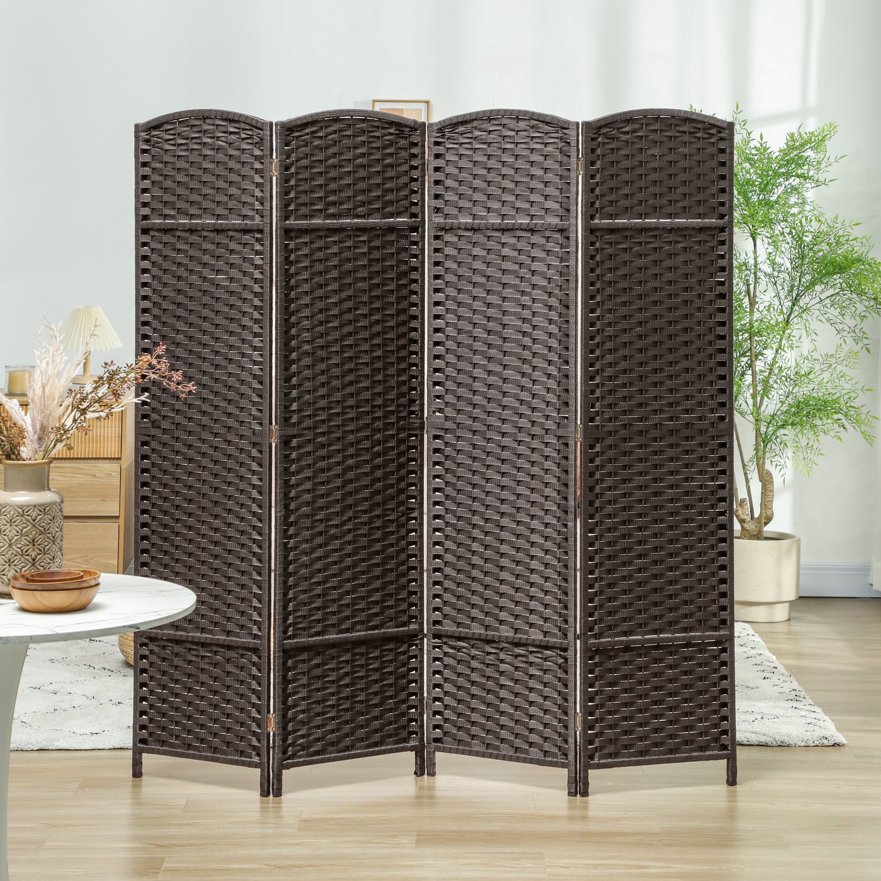 Paravent interieur en bois 4 panneaux 160 x 170 cm séparateur de pièce pliable pour salon, chambre à coucher, marron