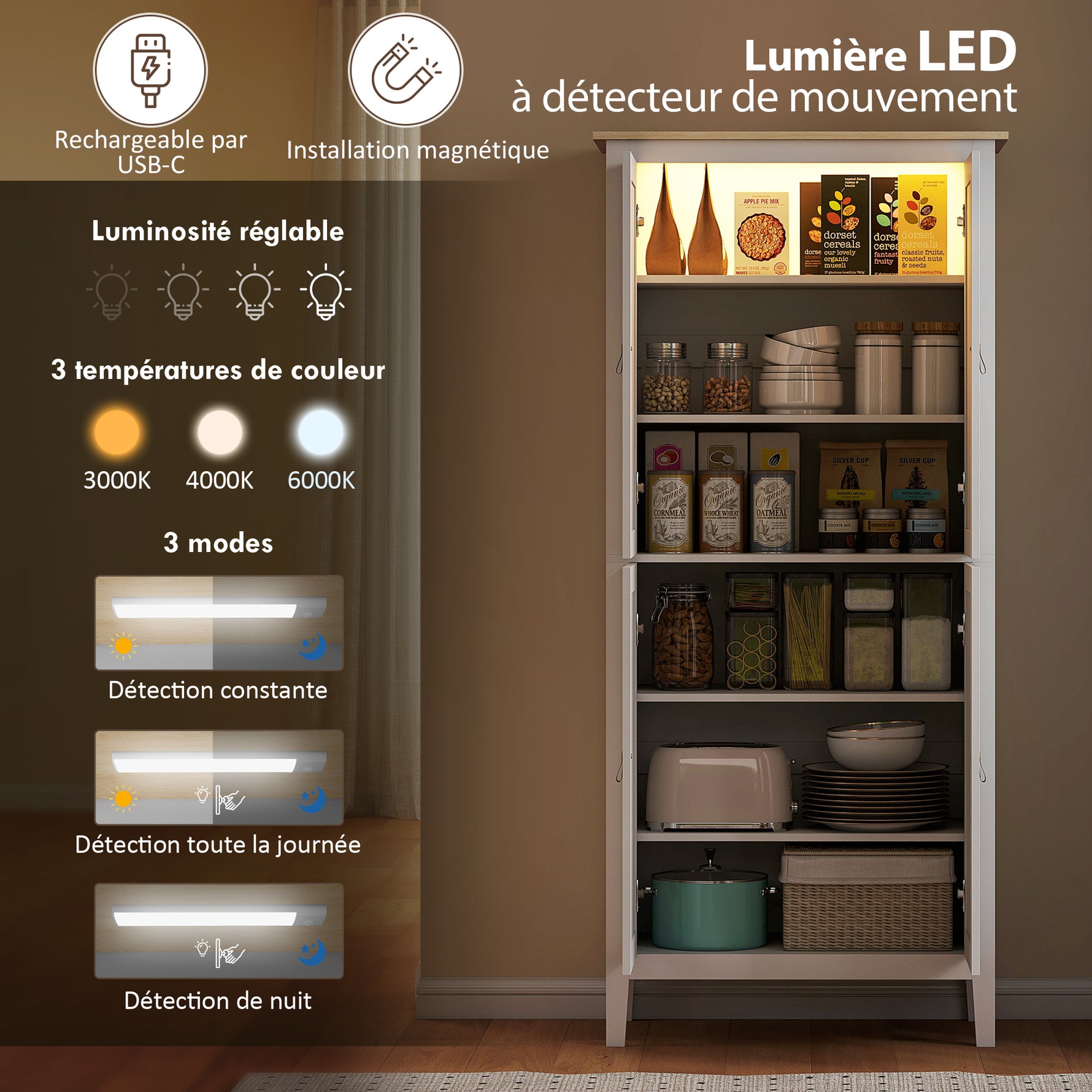 Buffet cuisine, meuble cuisine rangement haut avec LED réglable et détecteur de mouvement, 80 x 40 x 176,5 cm, blanc