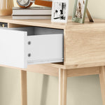 Table console avec 2 tiroirs et pieds en bois, pour salon, entrée, couloir, 86 x 35 x 75 cm, chêne et blanc