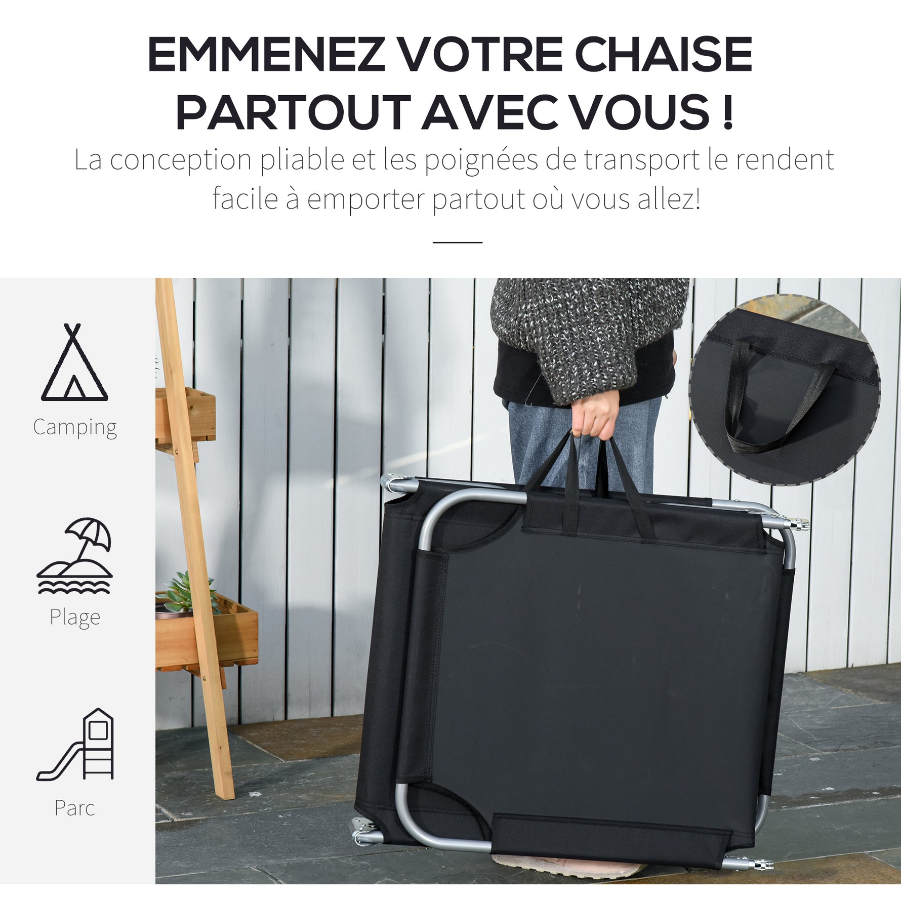 Bain de Soleil transat Pliable Dossier réglable Multipositions métal et Polyester Noir
