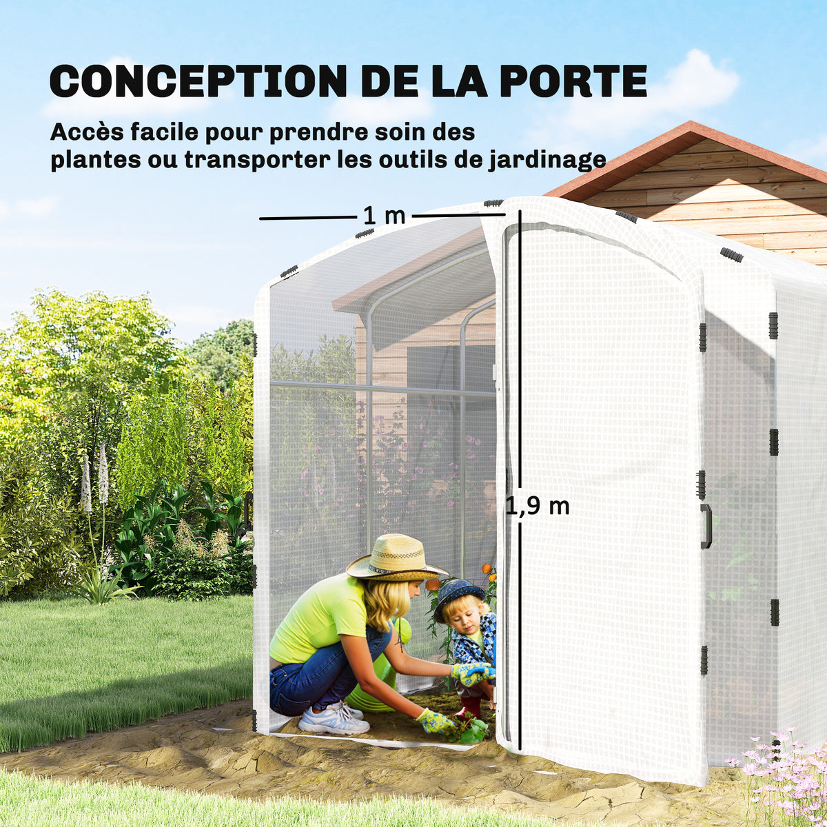 Serre tunnel de jardin 6m², serre de jardin tunnel 300x200x195cm bâche PE 220g/m² bords prolongés 50 cm avec porte blanc