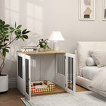 Cage pour chiens, table d'appoint, gamelles amovibles rotatives à 360° 2 portes pour chien moyenne 80x55x71,5cm blanc