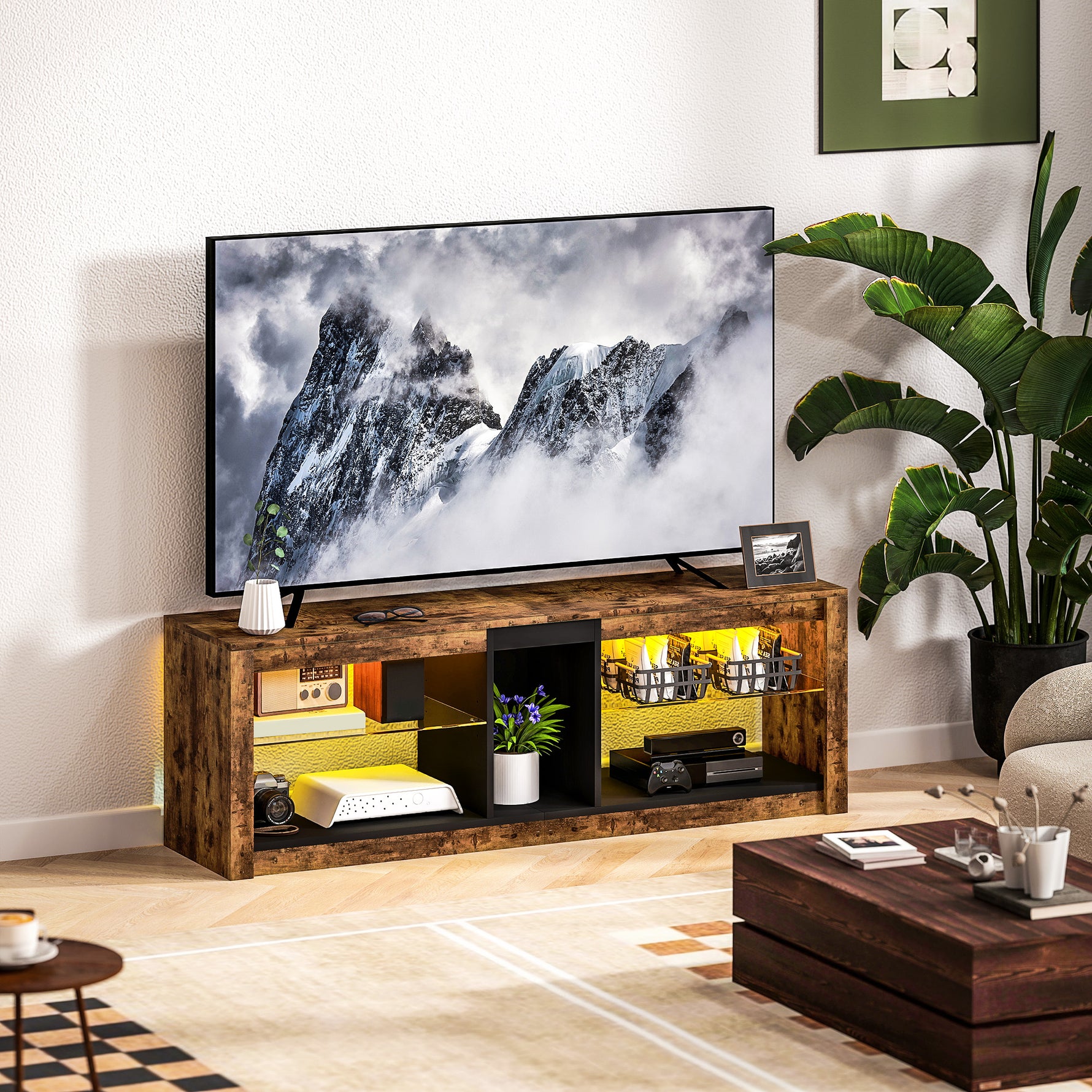Meuble TV avec lumières LED et télécommande, étagères et compartiments ouvert, 140x35x47cm, marron