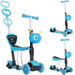 3 en 1 Trottinette pour Enfants Trottinette 3 Roues évolutive Hauteur Guidon réglable charge max. 50 Kg Canne télescopique Selle Dossier Amovible Bleu