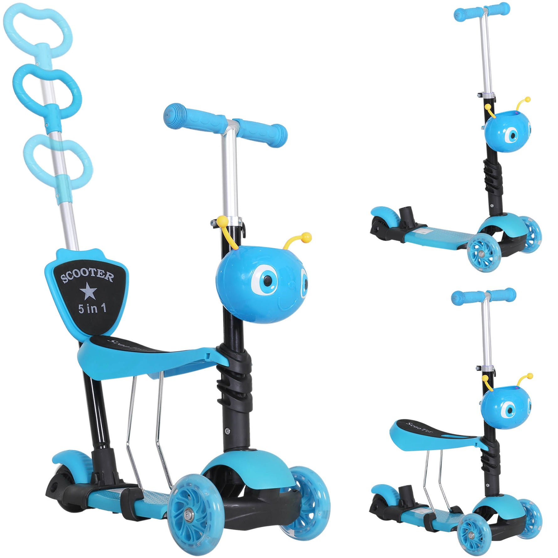 3 en 1 Trottinette pour Enfants Trottinette 3 Roues évolutive Hauteur Guidon réglable charge max. 50 Kg Canne télescopique Selle Dossier Amovible Bleu
