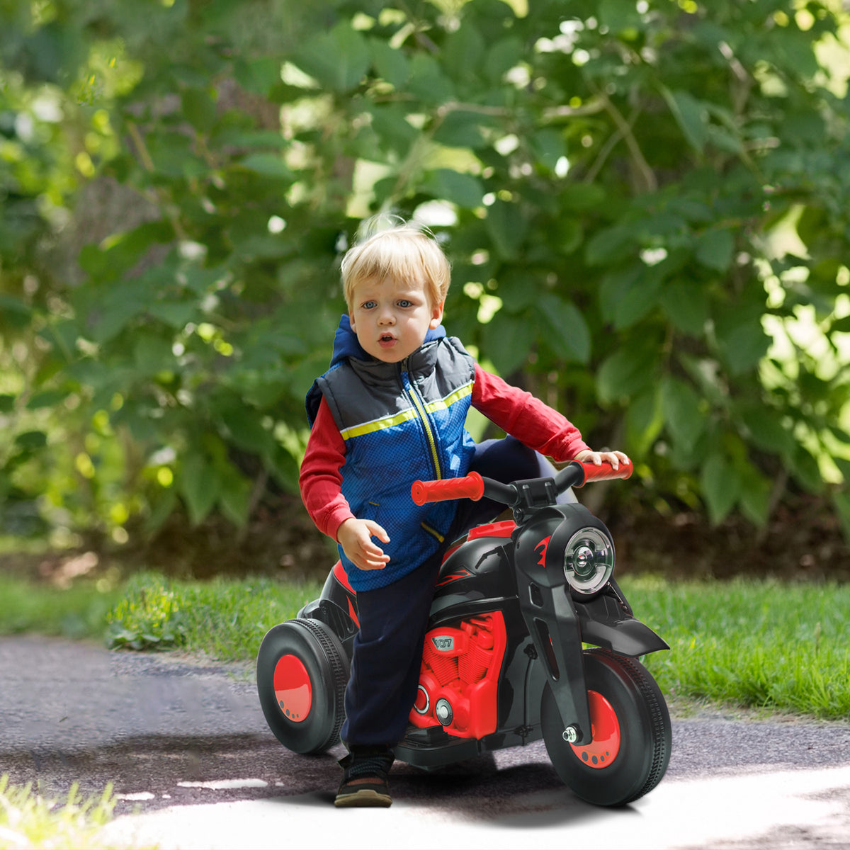 Elektro-Motorrad für Kinder 2-5 Jahre, 3 Räder, 6 V, 3 km/h, mit Seifenblasenfunktion, Licht- und Soundeffekten, rot