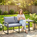 Salon de jardin 3 pièces coussins 14cm et accoudoirs en composite bois-plastique 2 fauteuils et table d'appoint gris