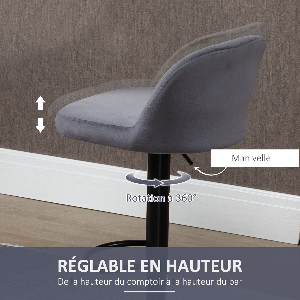 Lot de 2 tabourets de bar design contemporain avec repose-pieds hauteur réglable et pivotant gris