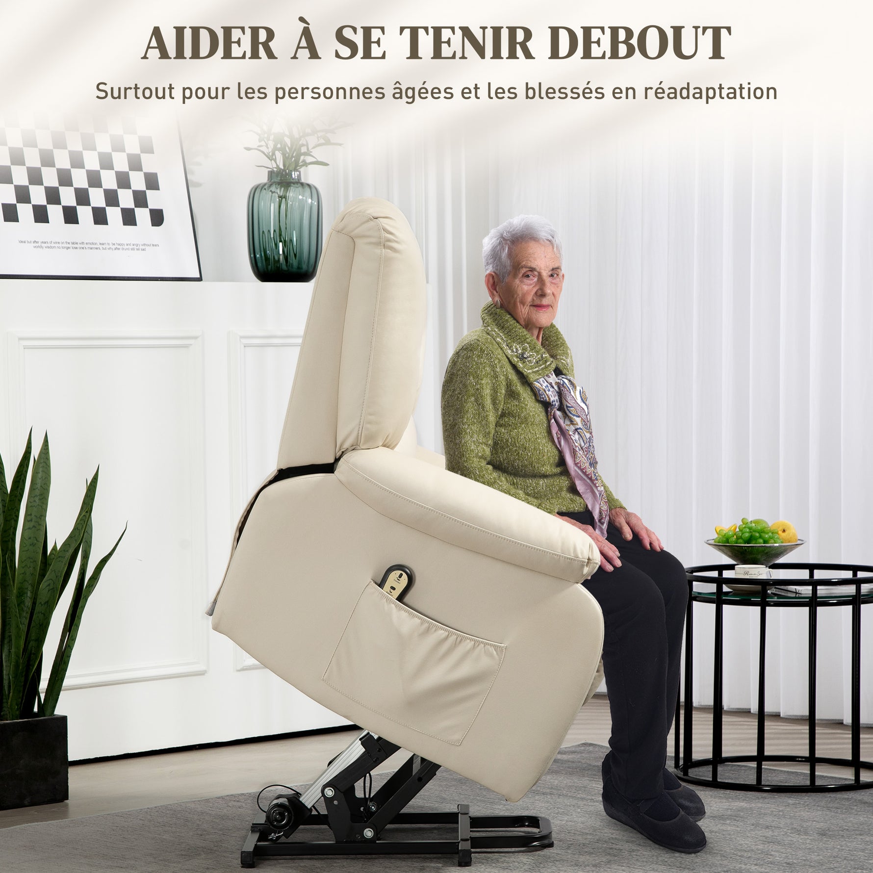 Fauteuil relax inclinable électrique releveur avec repose-pied et télécommande 86 x 92 x 102 cm Beige