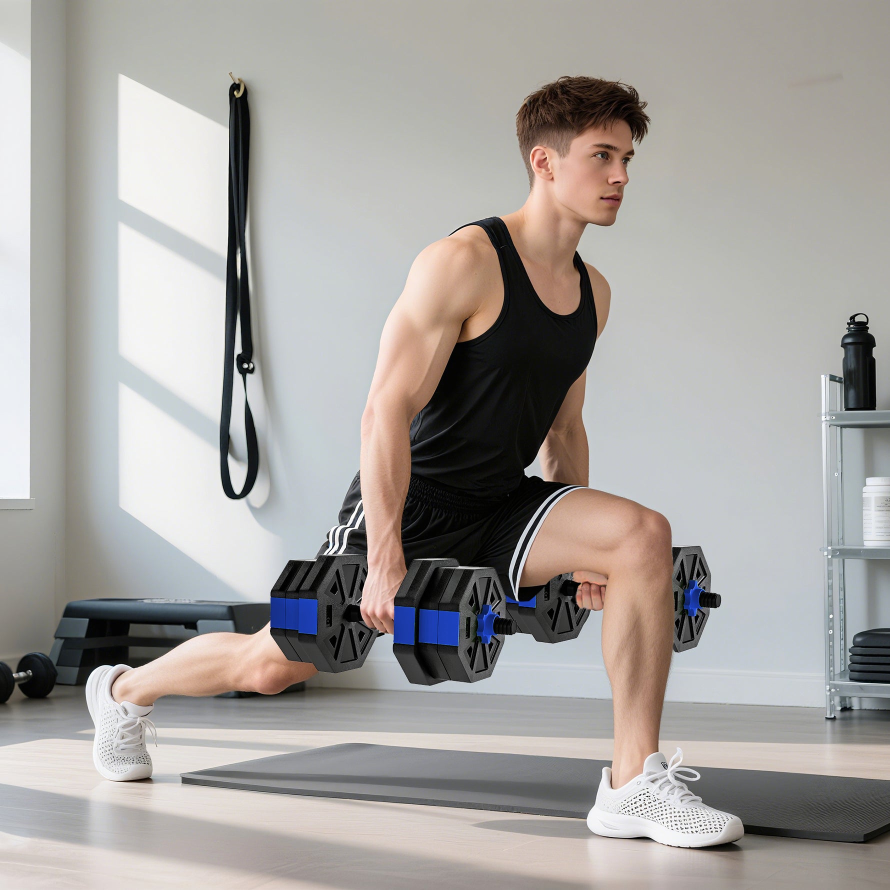 Ensemble d'haltères musculation 6-en-1 haltère réglable 20 kg kettlebell, barre de musculation support pour pompes bleu