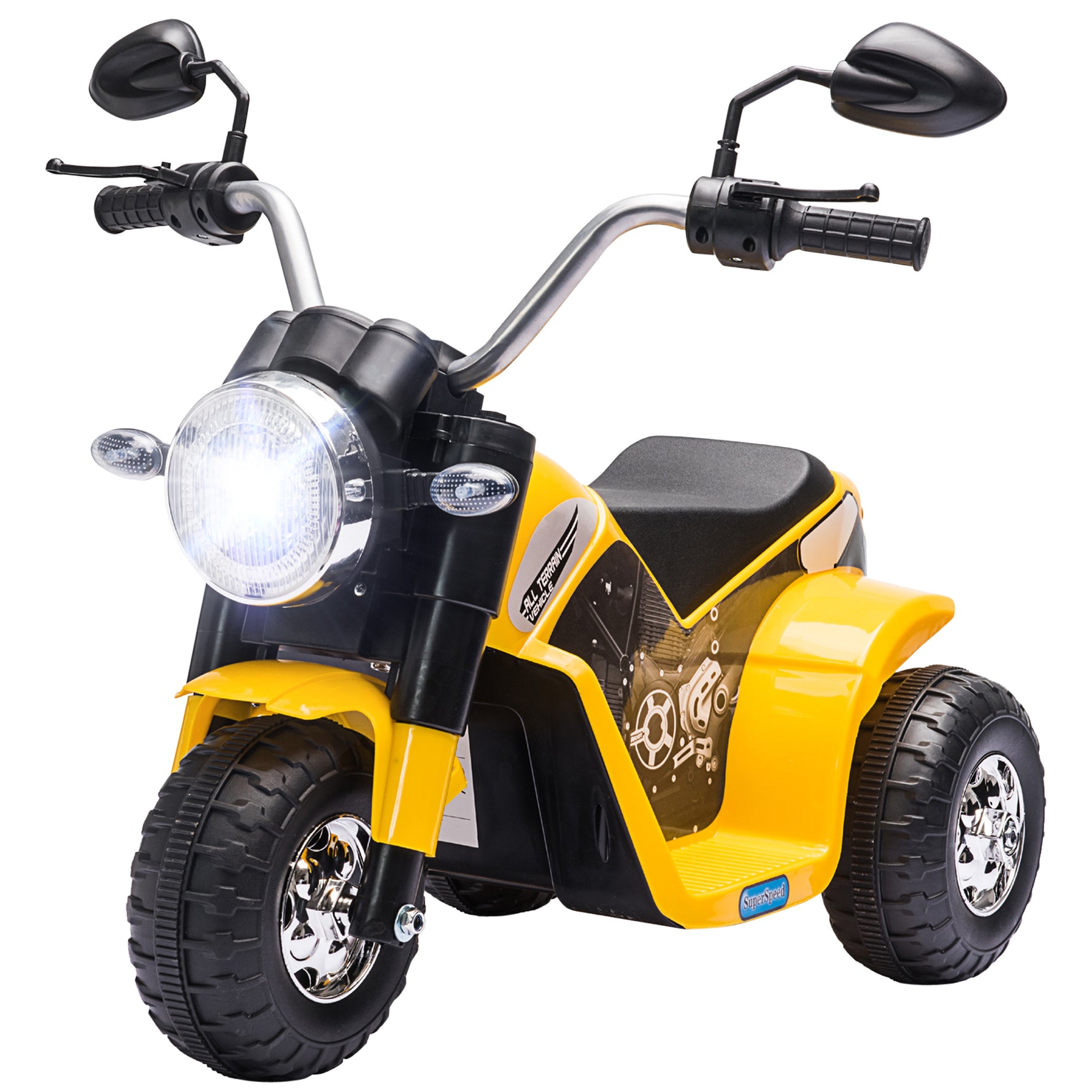 Moto électrique Enfant Chopper Tout-Terrain 6 V 20 W Marche AV AR 3 Roues Effets Lumineux et sonores Jaune Noir
