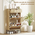 Meuble à chaussures 8 paires avec tiroir coulissant, 2 tiroirs rabattables, étagères réglables, 60x24x105,5cm, chêne
