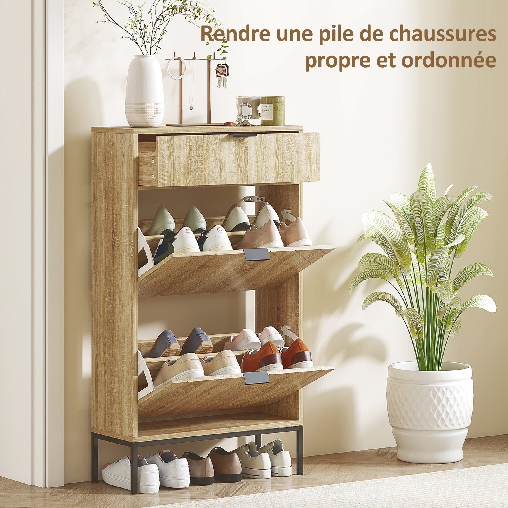 Meuble à chaussures 8 paires avec tiroir coulissant, 2 tiroirs rabattables, étagères réglables, 60x24x105,5cm, chêne