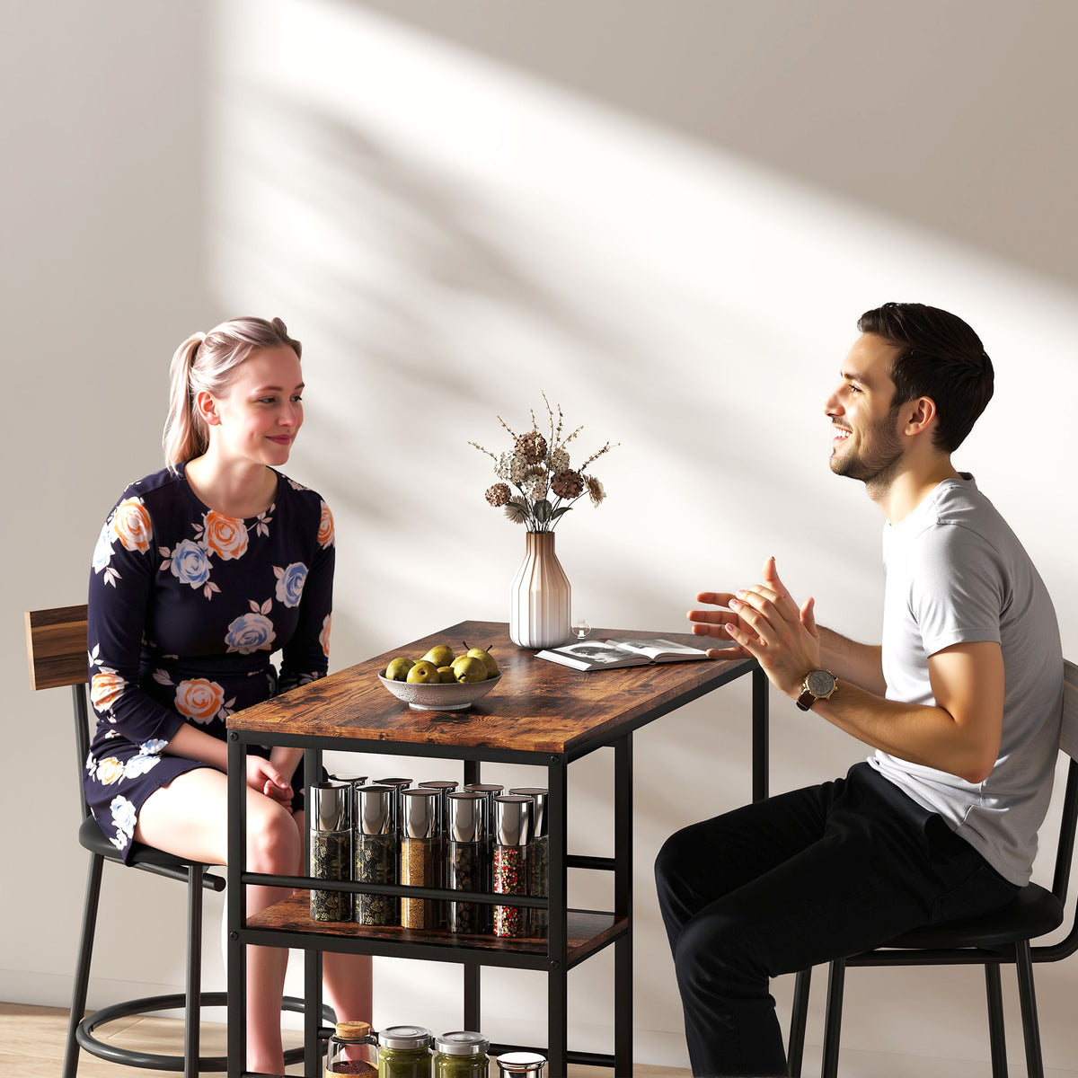 Mesa de bar alta con 3 estantes de almacenamiento y estructura de acero, 90 x 50 x 90,5 cm, marrón rústico, negro