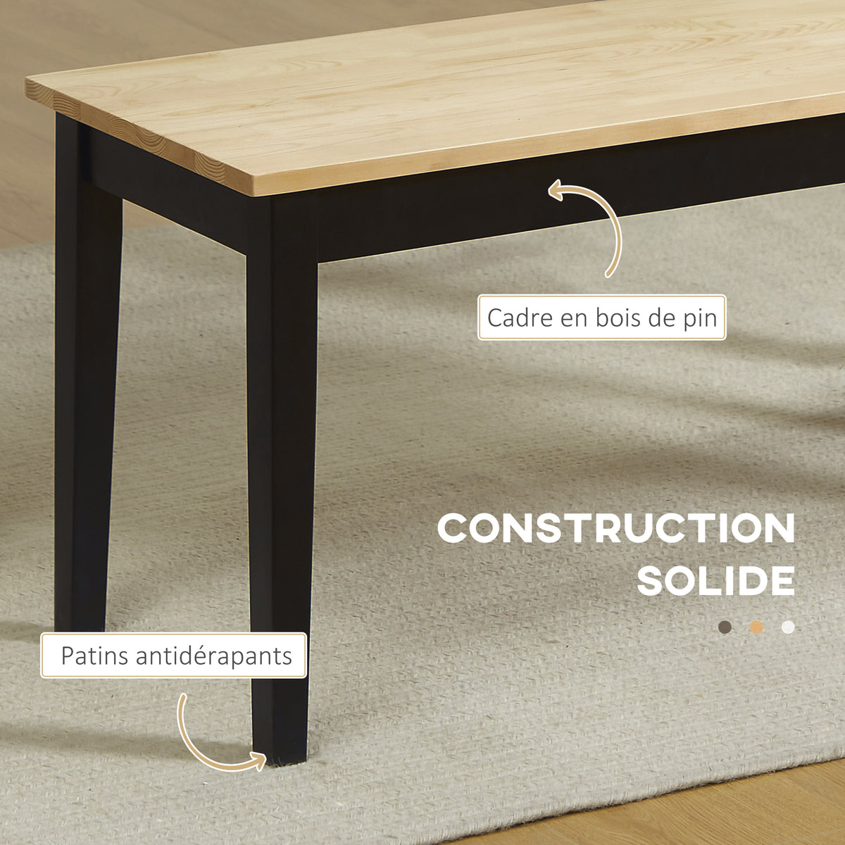 Ensemble Banc et Table à manger design moderne - grand plateau - assise confortable - en bois noir et naturel