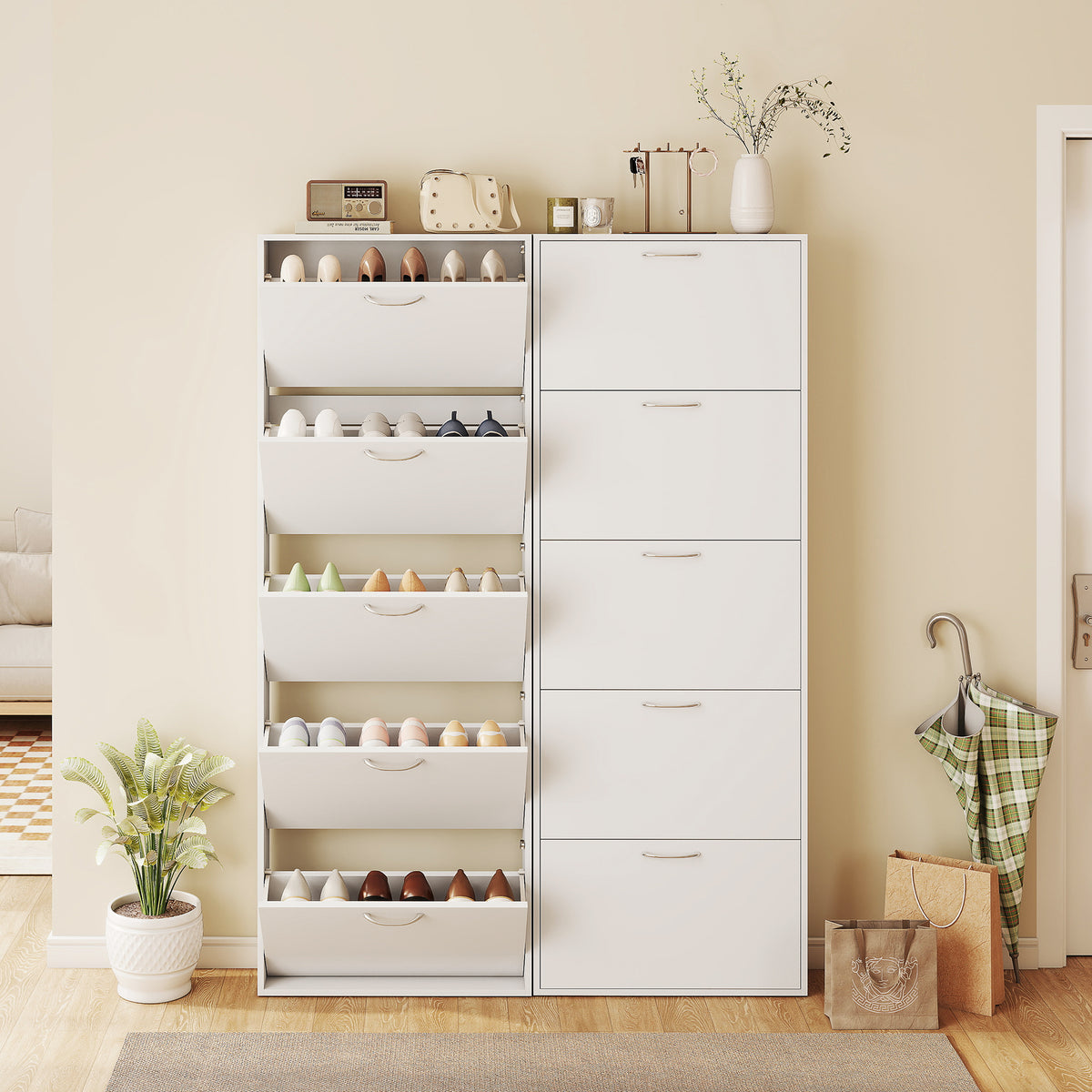 Meuble à chaussures 15 paires, armoire à chaussures étroite moderne avec 5 tiroirs rabattables, 65 x 17 x 180,5 cm blanc