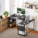 Bureau d'angle modulable réversible 168-240 cm style industriel - étagère réglable, sac de rangement, support d'écran