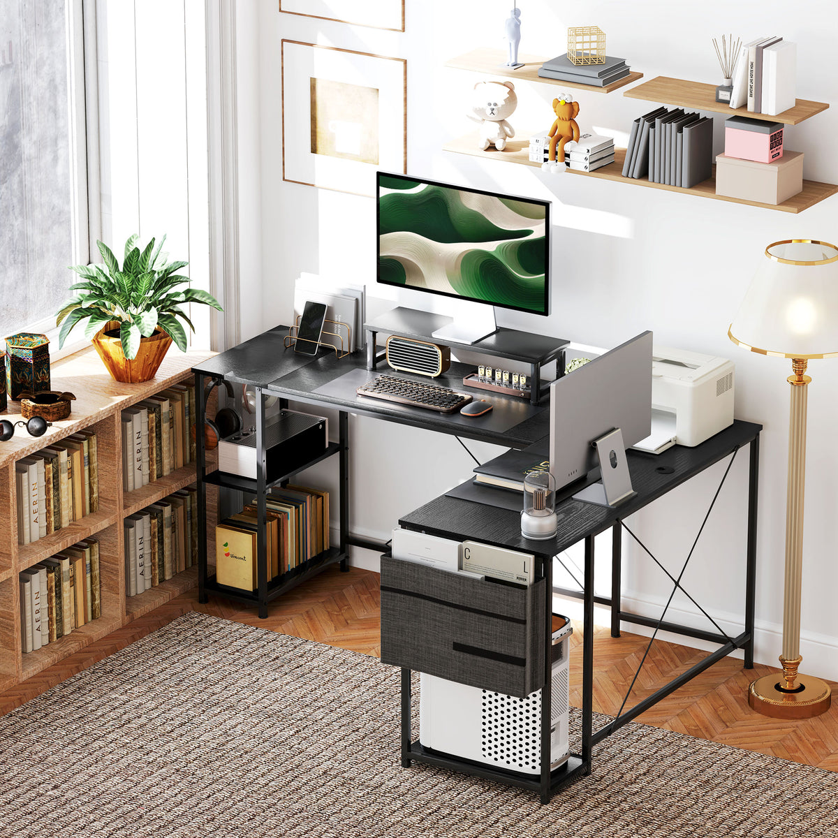 Bureau d'angle modulable réversible 168-240 cm style industriel - étagère réglable, sac de rangement, support d'écran