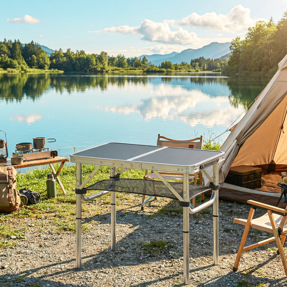 Table pliante aluminium, table de camping pliante, poignée 4 hauteurs réglables avec Rangement 60x40x60cm, blanc