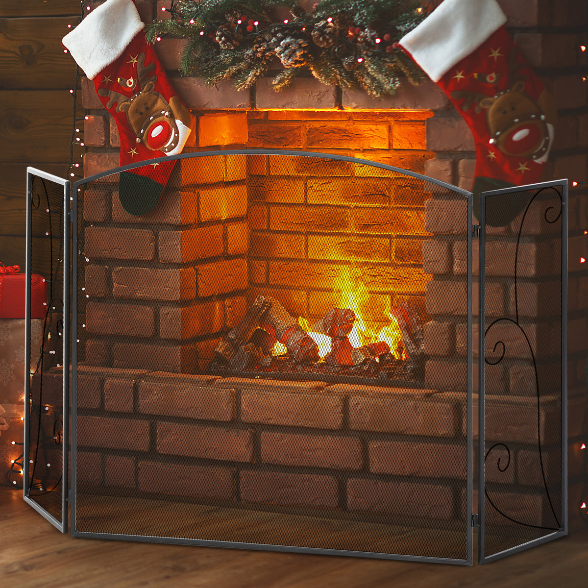 Pare-feu pour cheminée ou poêle design élégant Pare-étincelles 3 Volets Pliables dim. 132,5L x 76,5H cm Acier métal Noir