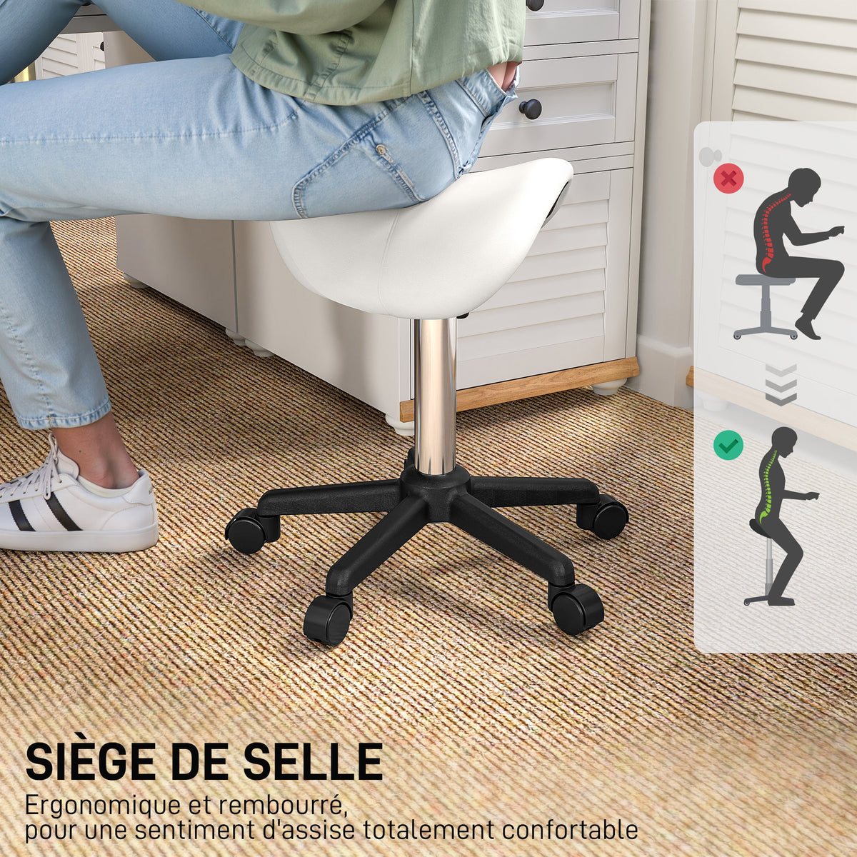 Sgabello con ruote, sedia da lavoro con altezza regolabile 45-57 cm e sedile ergonomico, 48x47x45-57 cm, bianco