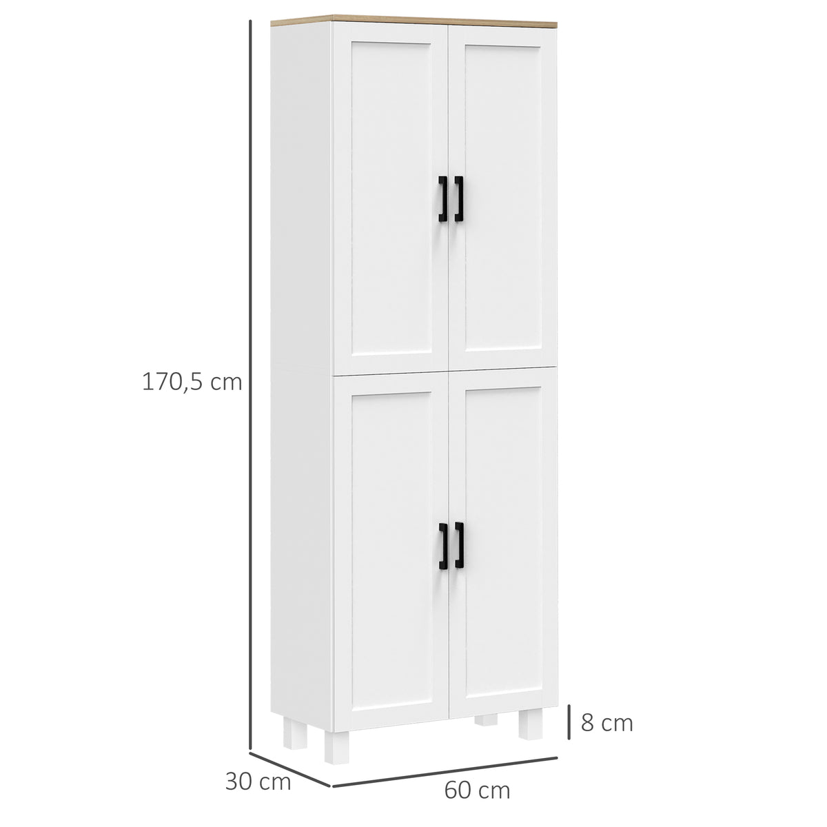 Armoire de cuisine hauteur 170 cm buffet haut avec 4 portes et étagères ajustable, design moderne, blanc