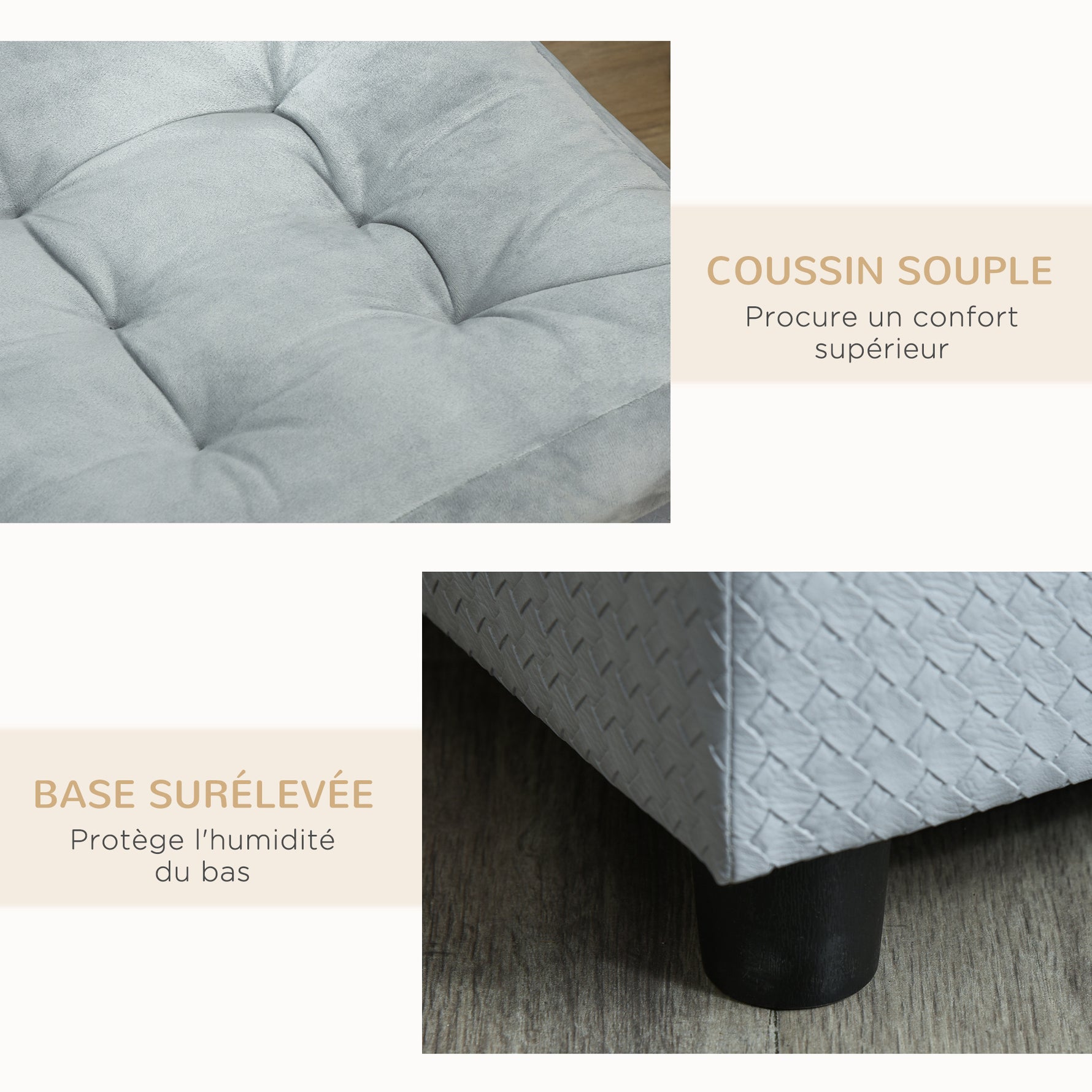 Canapé Chien Chat sur Pied avec Coffre de Rangement Style Moderne Coussin d'assise Amovible Grand Confort 76 x 45 x 43 cm gris clair