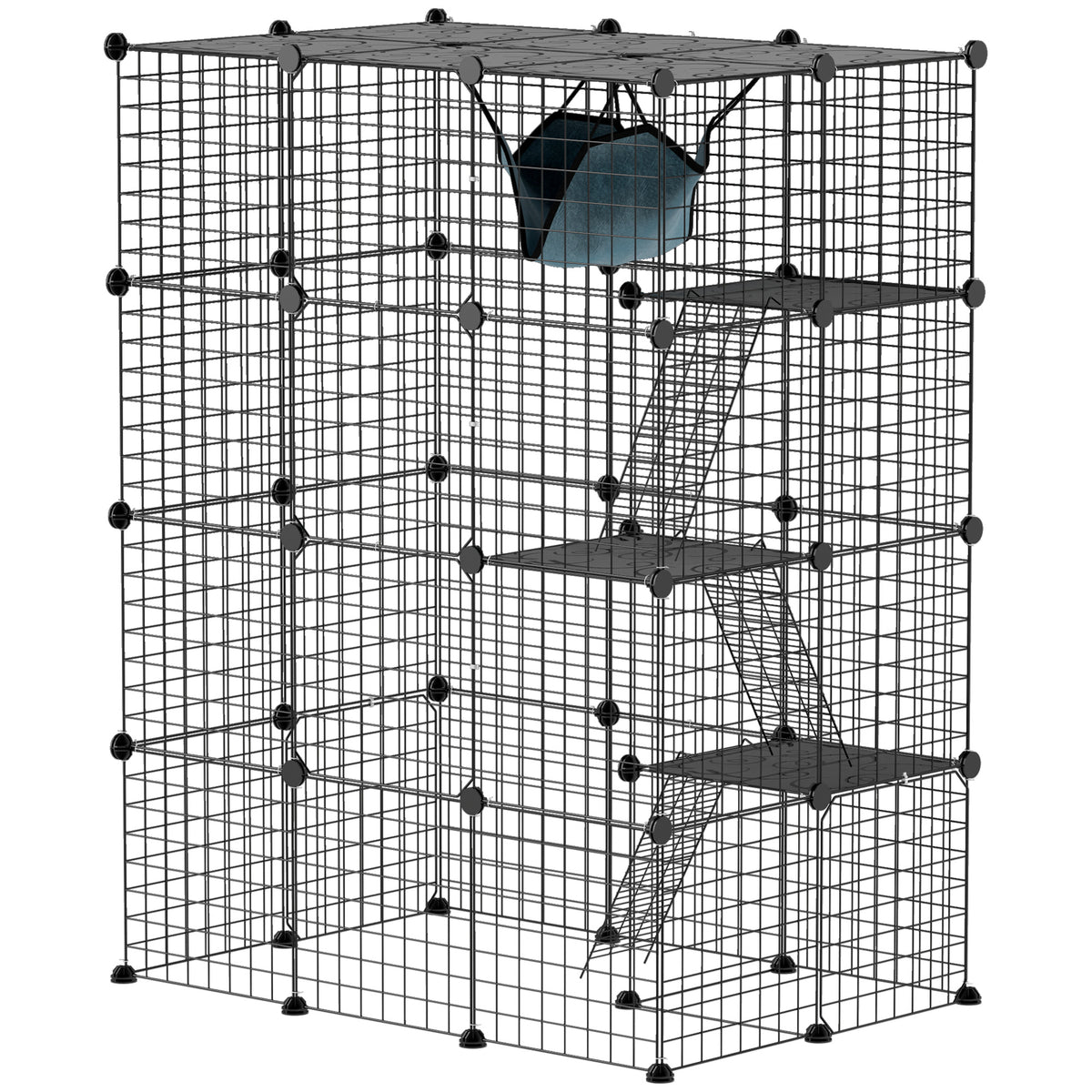 Indoor-Katzenkäfig, 4-stöckiger DIY-Katzenlaufstall aus Stahl mit 5 Türen und Hängematte, für 1-3 Katzen, 105 x 70 x 140 cm, Schwarz