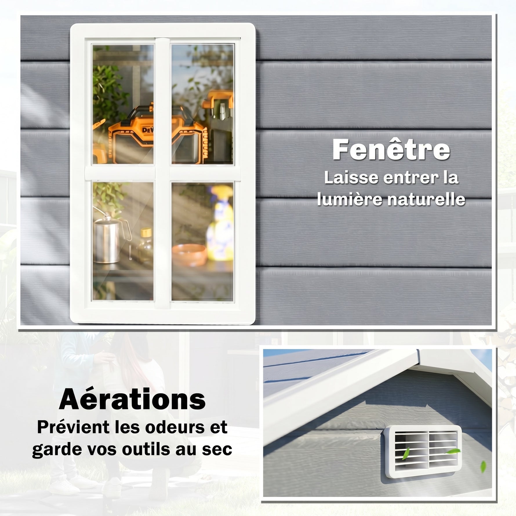 Abri de jardin cabanon en résine polypropylène 2,12 m² - 2 portes 1 fenêtre et 1 grille d'aération, toit à pignon, gris