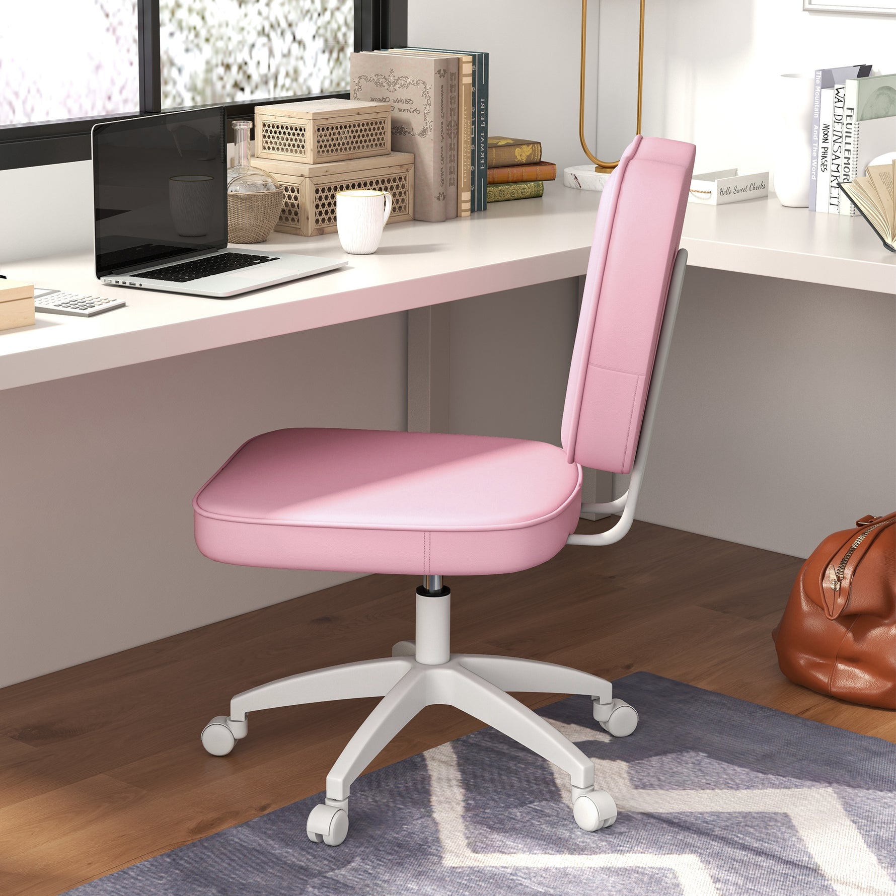 Chaise de bureau sans accoudoirs, fauteuil de bureau, hauteur réglable, pivotant 360°, 46 x 59 x 82-92 cm, rose