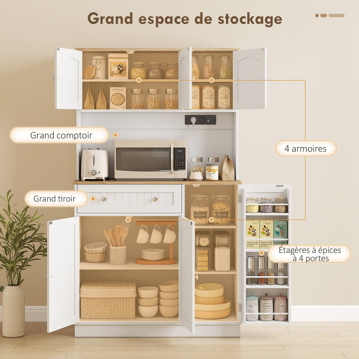 Buffet haut cuisine, armoire de cuisine, station de charge, 6 portes, plan de travail, porte-épices, 100x40x173cm, blanc