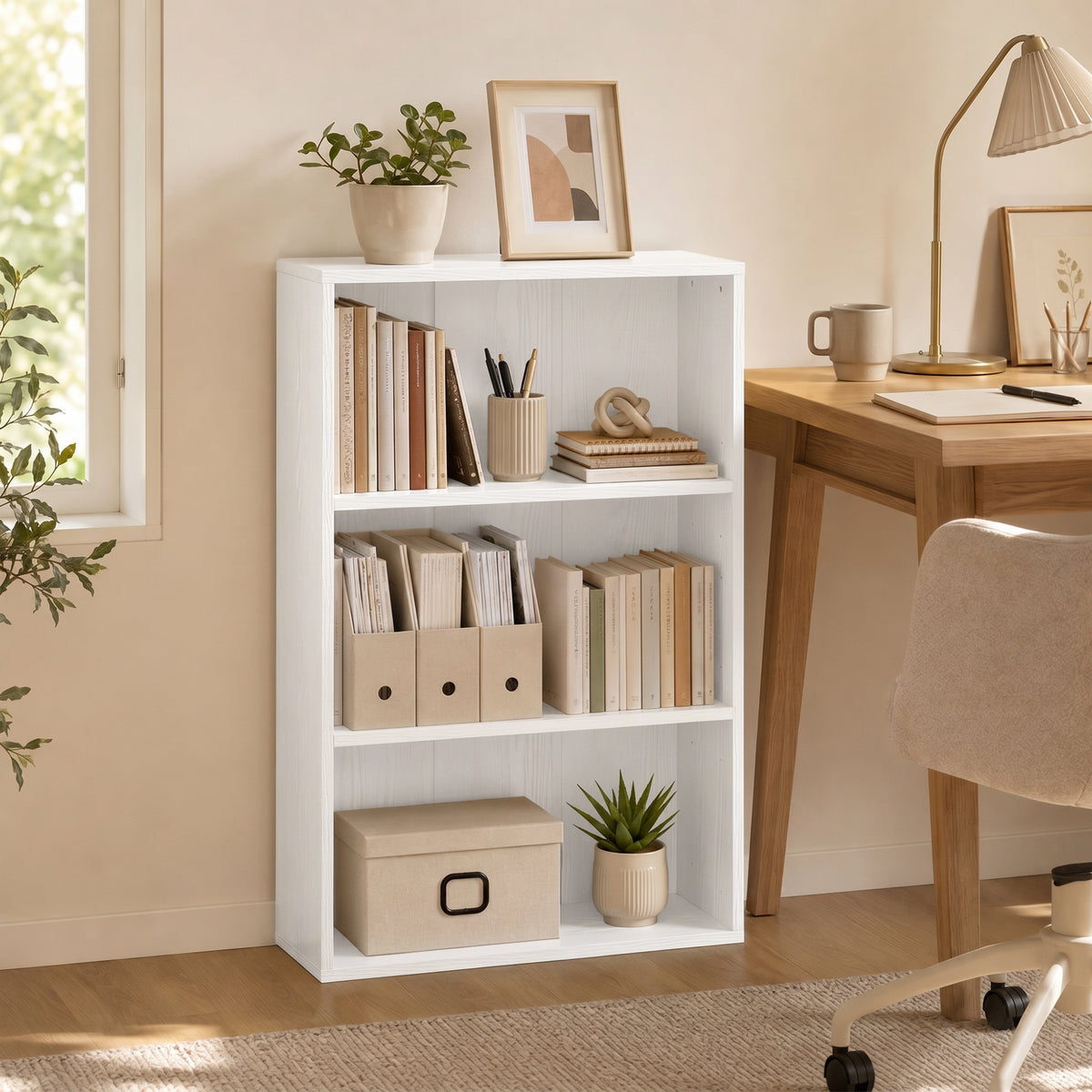 Bibliothèque étagère de rangement avec 3 compartiments et étagère réglable, 60 x 24 x 93 cm, blanc