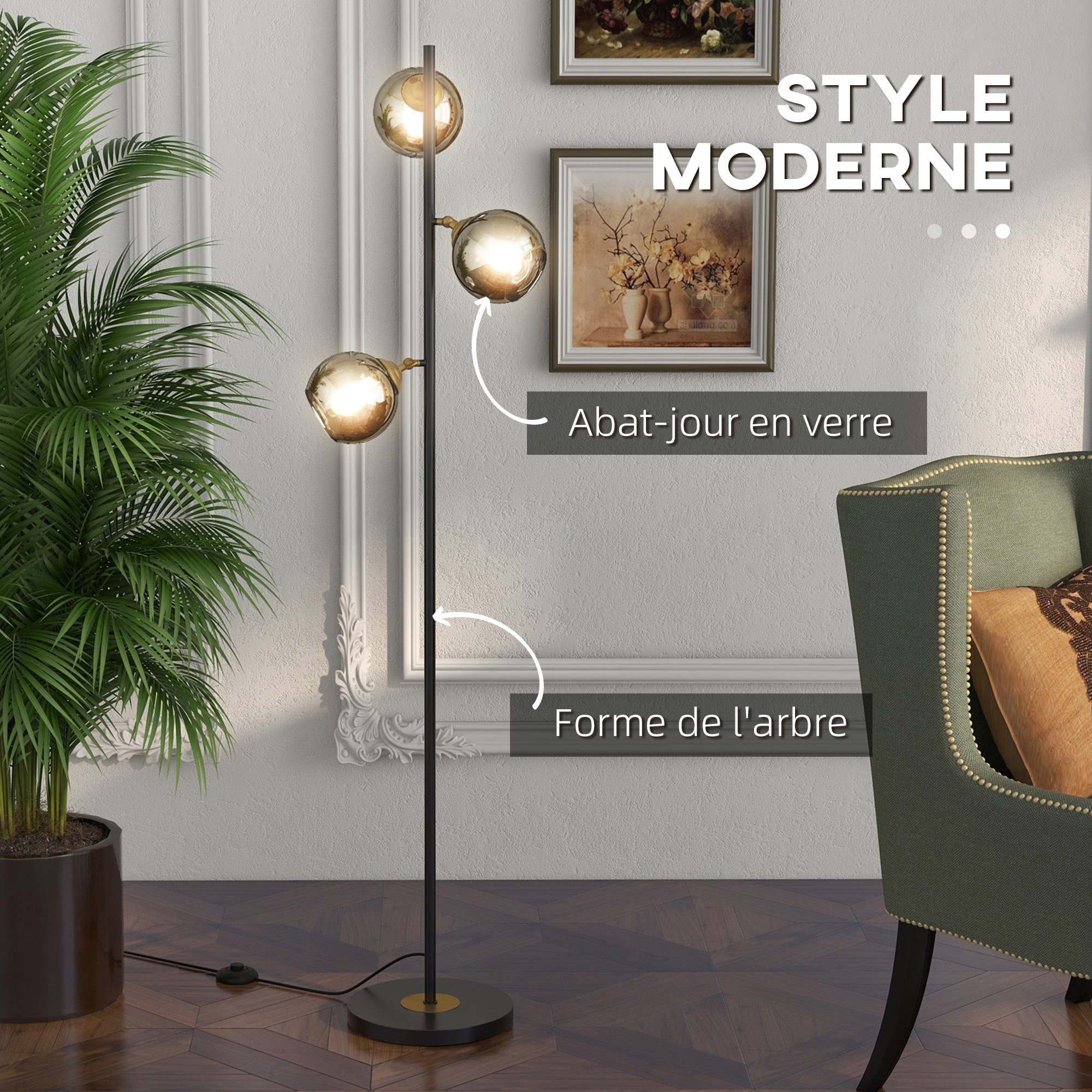 Lampadaire sur pied salon en métal avec 3 abat-jours globe métal chromé 40W Ø 36 x 162H cm noir et gris