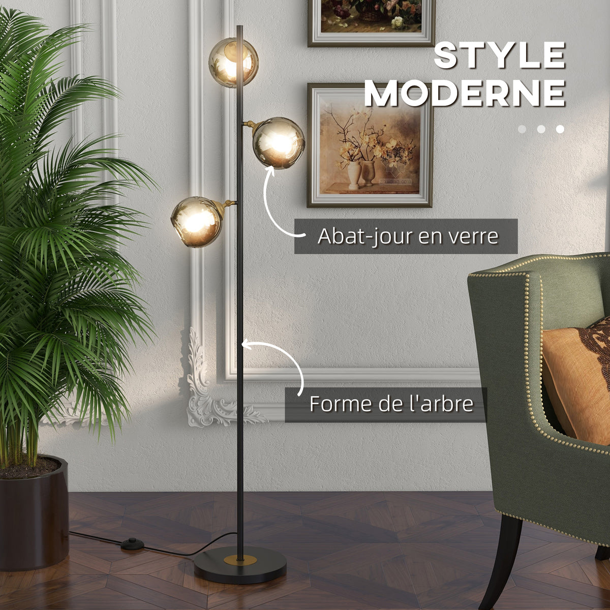 Lampadaire sur pied salon en métal avec 3 abat-jours globe métal chromé 40W Ø 36 x 162H cm noir et gris