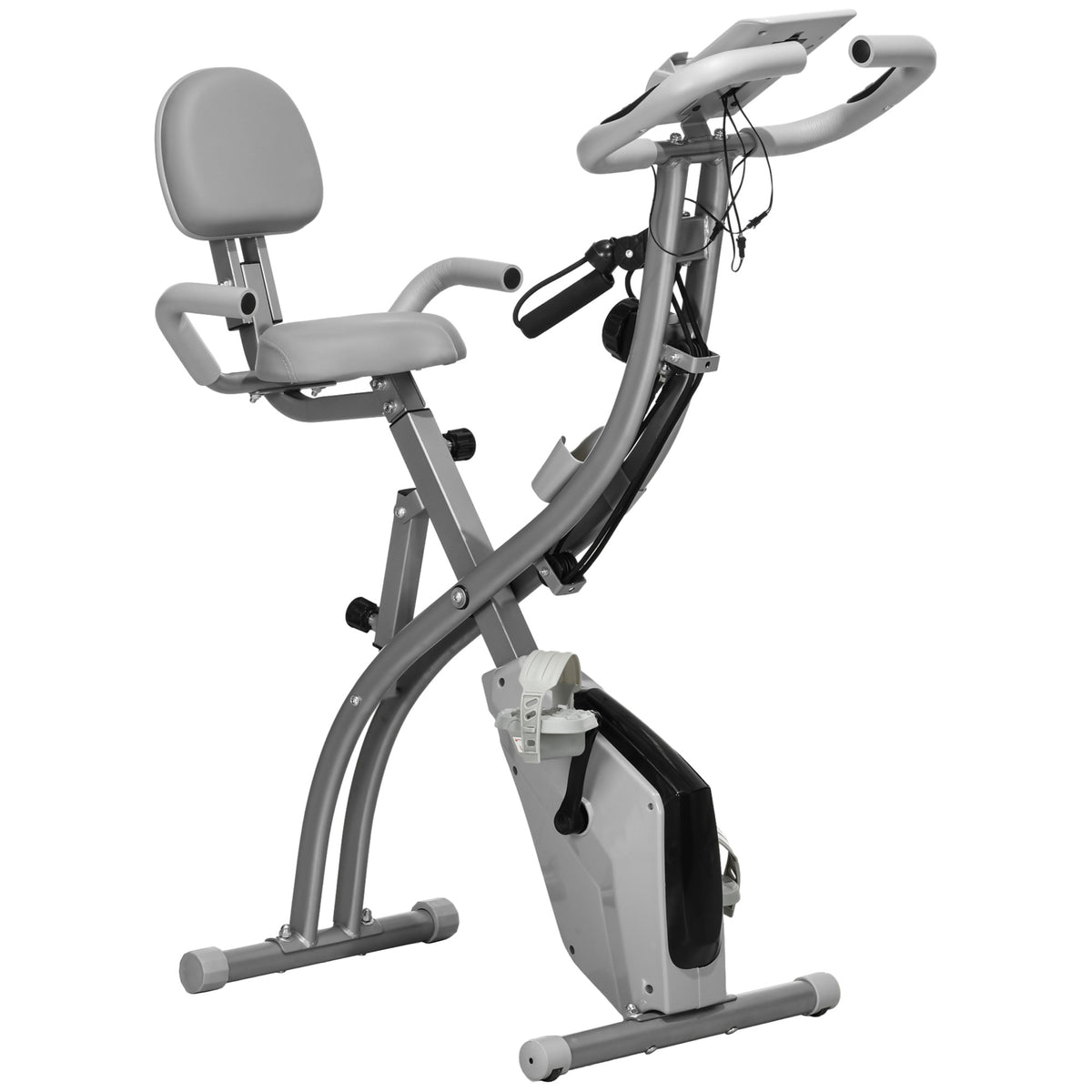 Vélo d'Appartement Pliable 4-en-1 - Ergomètre Magnétique Silencieux pour Maison avec Cordes de Résistance - Sport Maison et Cardio-training avec Roulettes, Selle Confort et LCD, Max 120kg, Gris