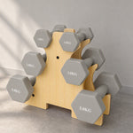 3er-Set Hexagon-Kurzhanteln, rutschfest, 18 kg, Gusseisen mit PVC-Beschichtung, inklusive Holzständer, hellgrau