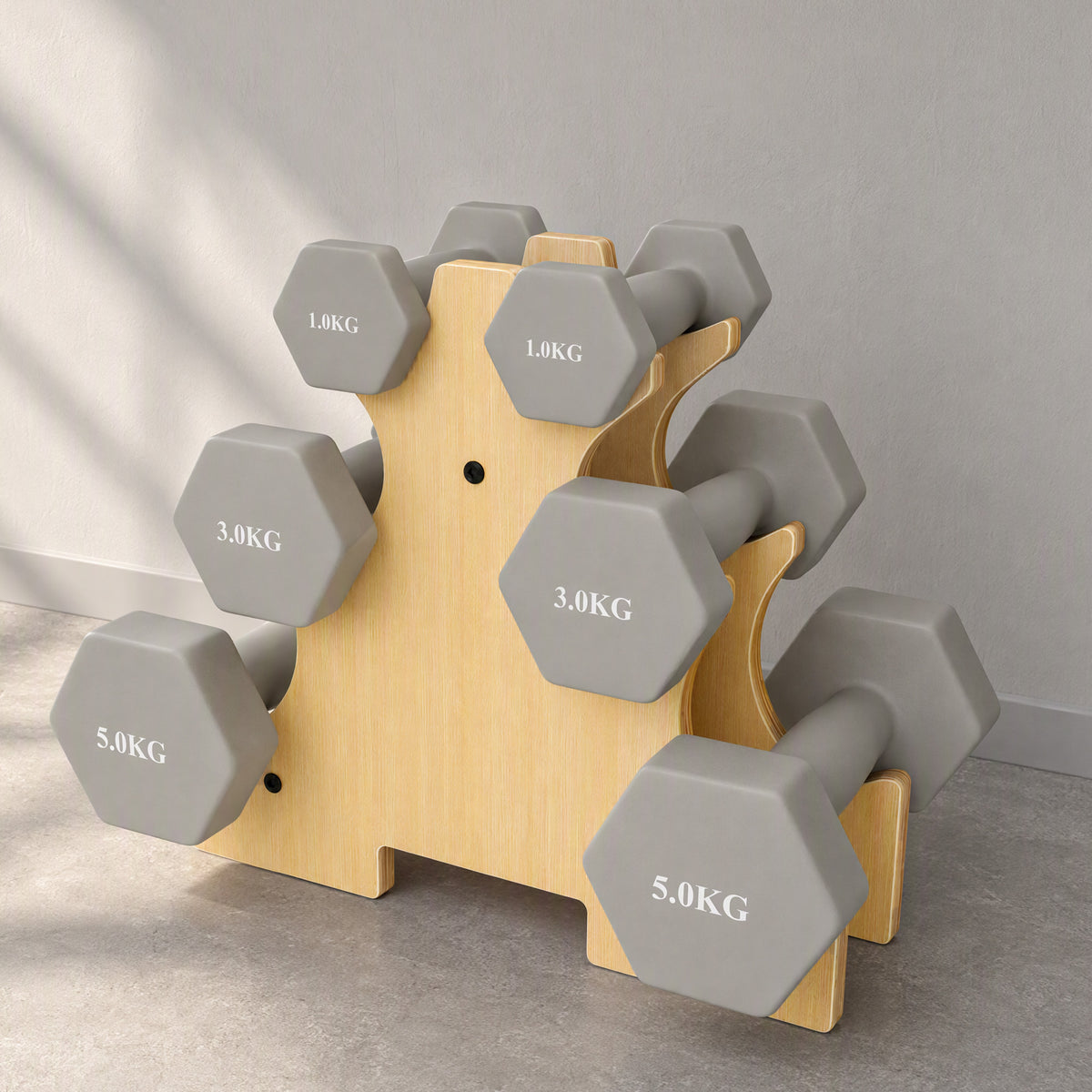 3er-Set Hexagon-Kurzhanteln, rutschfest, 18 kg, Gusseisen mit PVC-Beschichtung, inklusive Holzständer, hellgrau