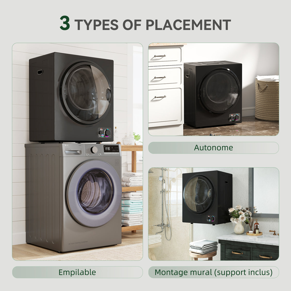 Sèche-linge électrique portable 850W, capacité 33L 4 modes de fonctionnement, acier inoxydable, 49 x 40,5 x 60 cm, noir