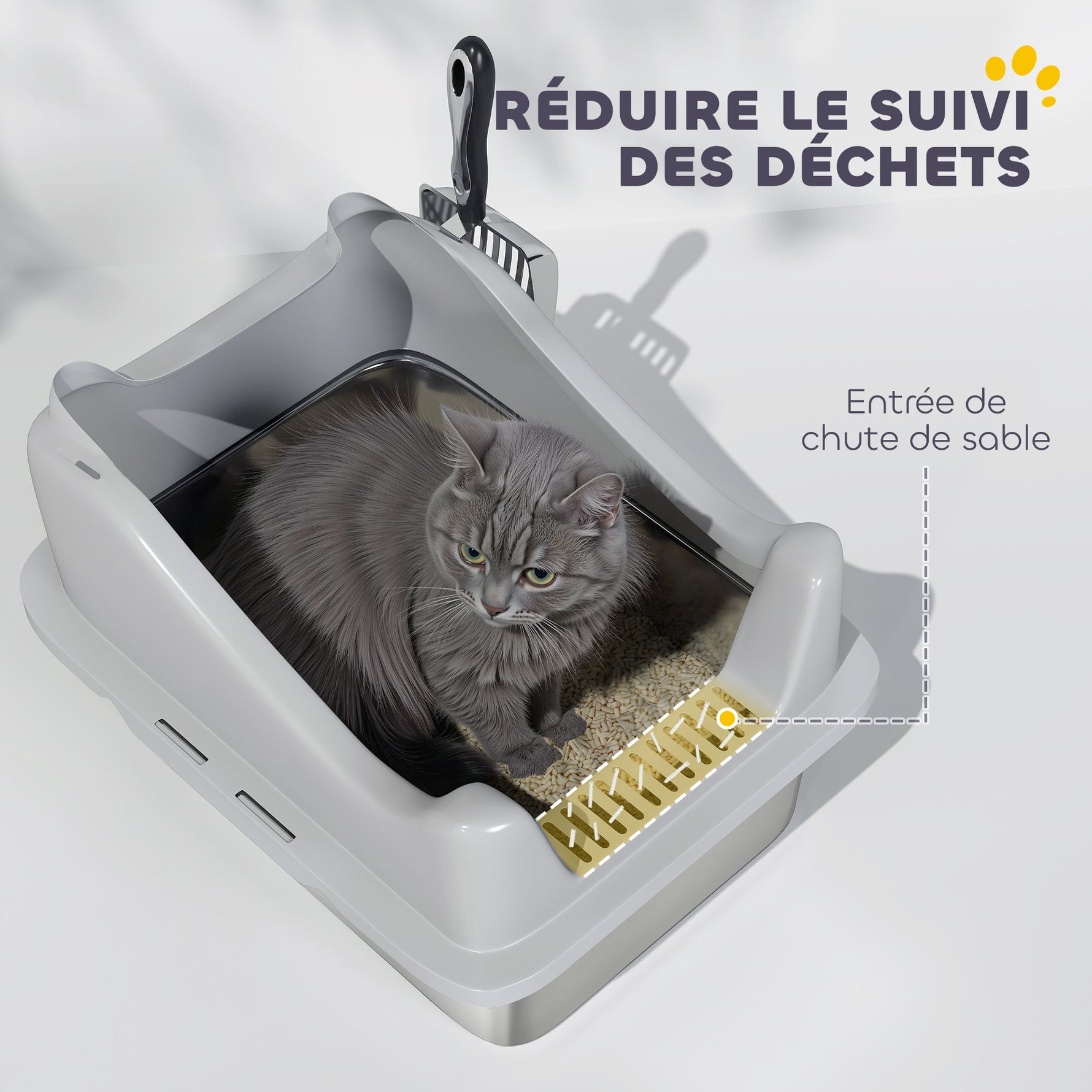 Bac à litière en acier inoxydable, maison de toilette pour chat, bords hauts, nettoyage facile, 43,1x33,2x25,4cm, gris