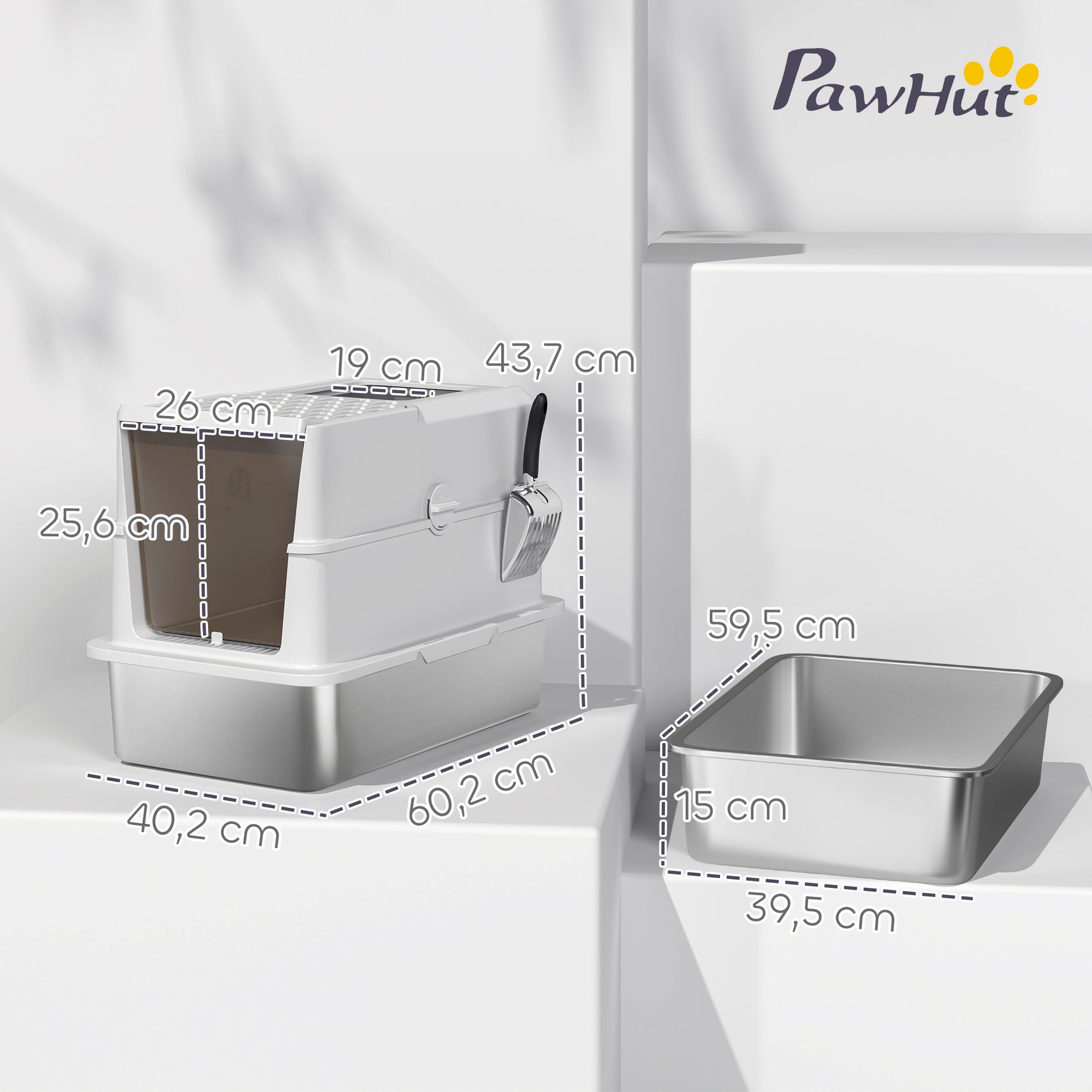 Bac à litière pour chat fermé, maison de toilette pour chat en acier inoxydable, 60,2 x 40,2 x 43,7 cm, gris clair