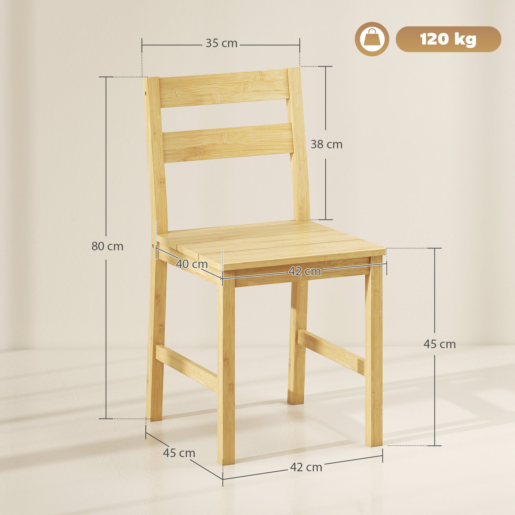 Lot de 2 chaises de salle à manger en bambou, chaises de cuisine sans accoudoirs avec assise à lattes, bois naturel
