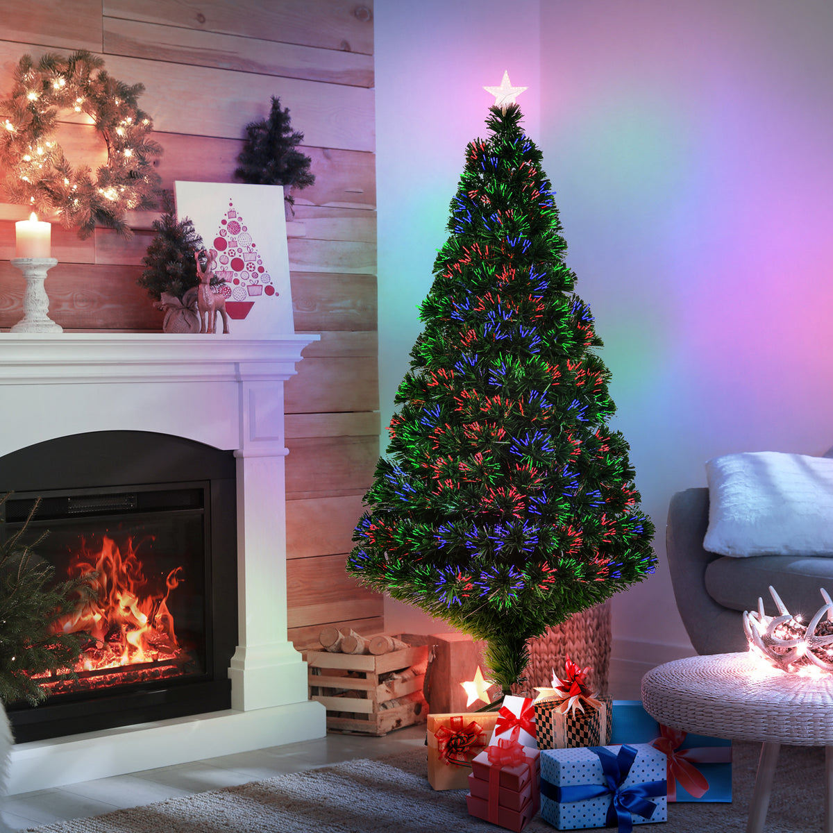 Sapin de Noël Artificiel Lumineux 150H cm Fibre Optique Multicolore + Support Pied 180 Branches étoile Sommet Brillante Vert
