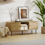 Meuble TV, meuble télé jusqu'à 55 pouces avec 2 portes, 2 compartiments ouverts, pieds en acier, 120x40x50cm, chêne