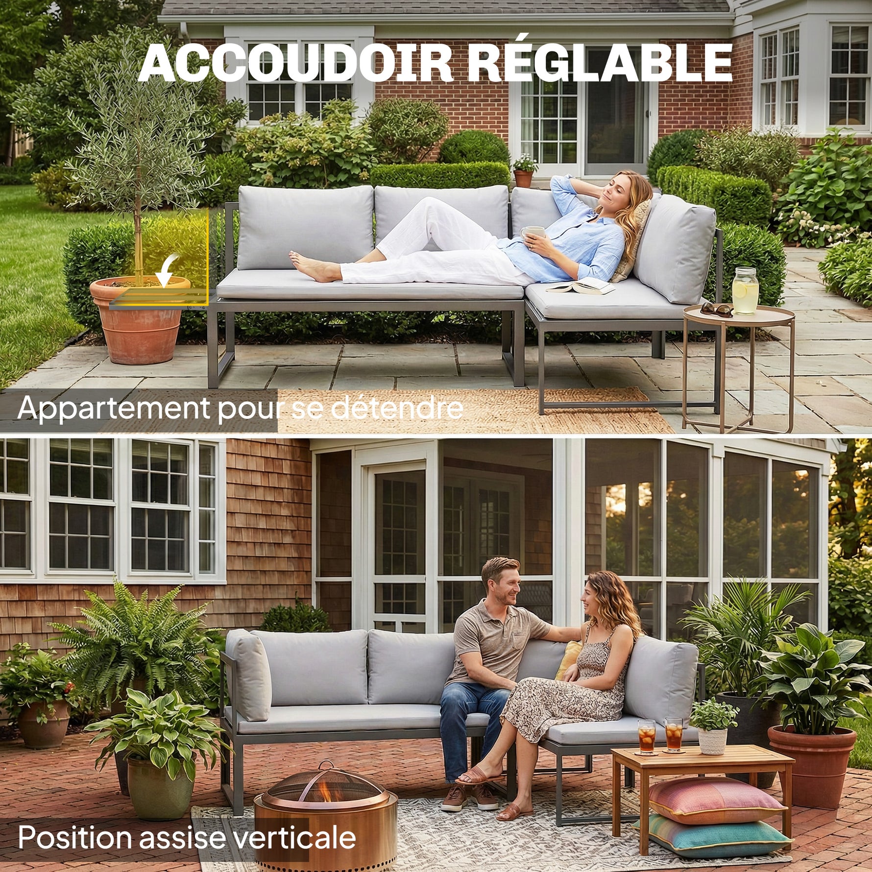 Salon de Jardin Mobilier de Terrasse 3 Pièces 4 Places Modulable avec Accoudoir Réglable Coussins Épais 16cm Gris-4